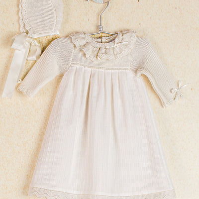 Knit and Woven Ivory Gown and Bonnet