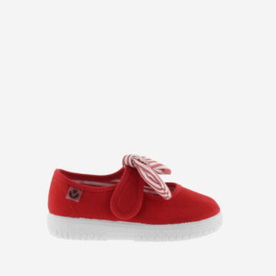 Red canvas Mary Janes with striped detachable bow