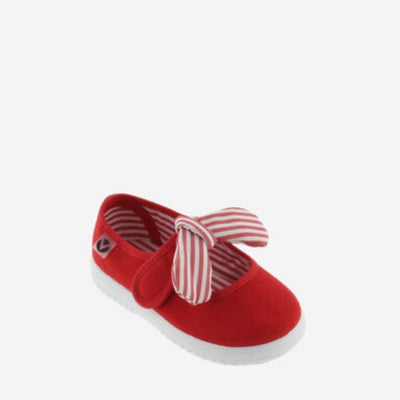 Red canvas Mary Janes with striped detachable bow