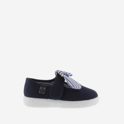 Navy canvas Mary Janes with striped detachable bow