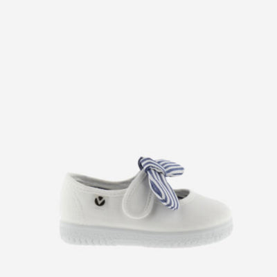 White canvas Mary Janes with striped detachable bow