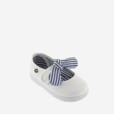 White canvas Mary Janes with striped detachable bow
