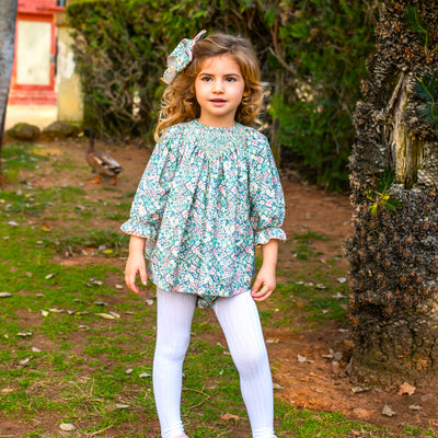 Hand Smocked Green Liberty Print Bloomer Set