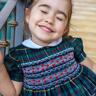 Hand Smocked Navy and Green Tartan Dress