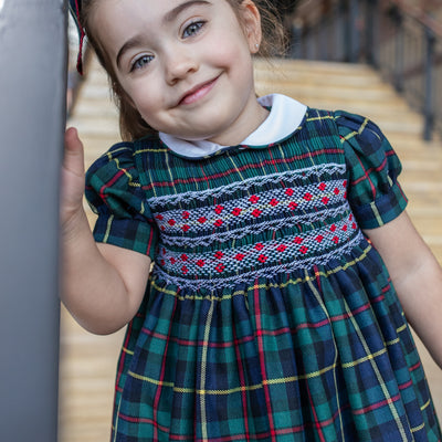 Hand Smocked Navy and Green Tartan Dress