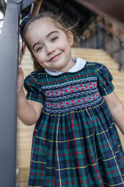 Hand Smocked Navy and Green Tartan Dress