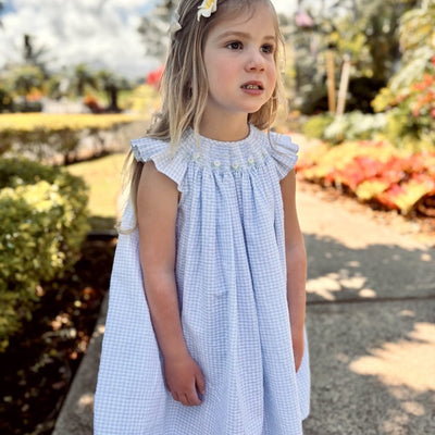 Hand Smocked Blue Dress Daisies