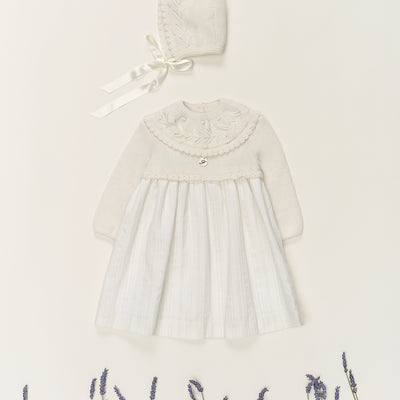 Knit and woven cream dress