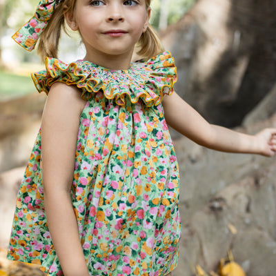 Hand Smocked Bishop Dress Green Orange