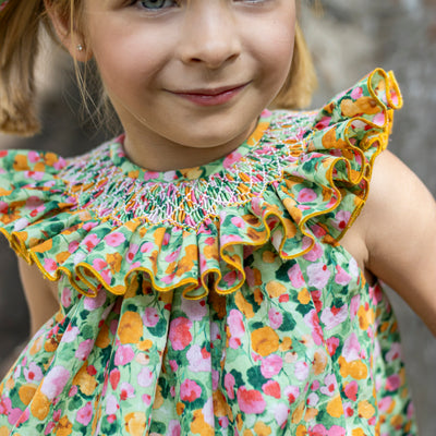 Hand Smocked Bishop Dress Green Orange