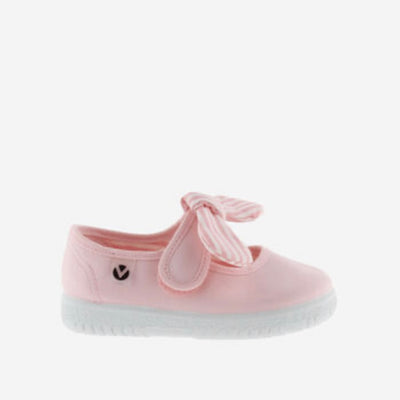 Pink canvas Mary Janes with striped detachable bow