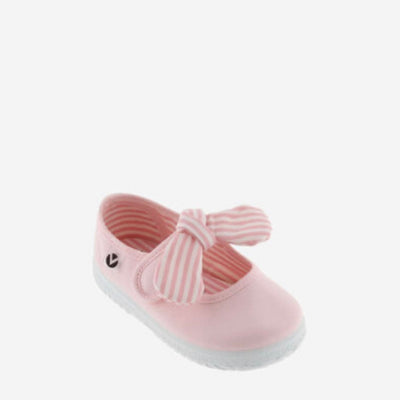 Pink canvas Mary Janes with striped detachable bow