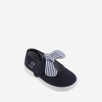 Navy canvas Mary Janes with striped detachable bow