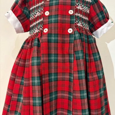 Hand Smocked Red and Green Tartan Dress with Front Panel