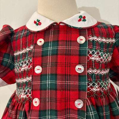 Hand Smocked Red and Green Tartan Dress with Front Panel