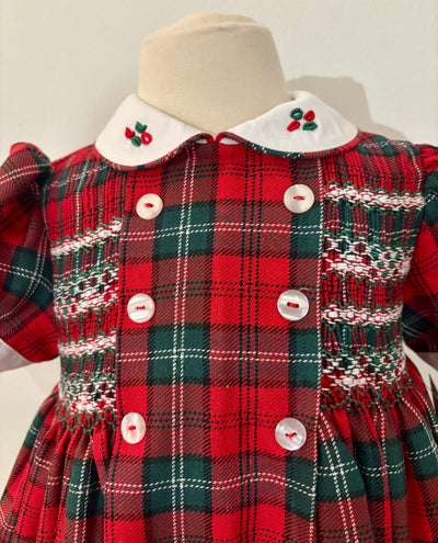Hand Smocked Red and Green Tartan Dress with Front Panel